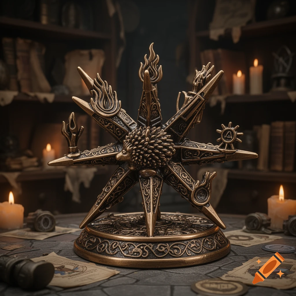An ornate bronze magical symbol, resembling a spiked wheel with a hedgehog head at its center, surrounded by elements like fire and air, set on a table with candles and old papers, in a dark, atmospheric room.