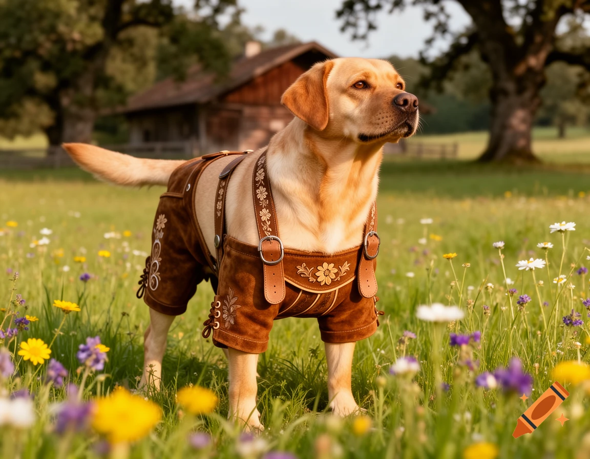 A golden Labrador dog stands in a field of wildflowers, wearing brown lederhosen with decorative embroidery, with a rustic house and trees in the background.