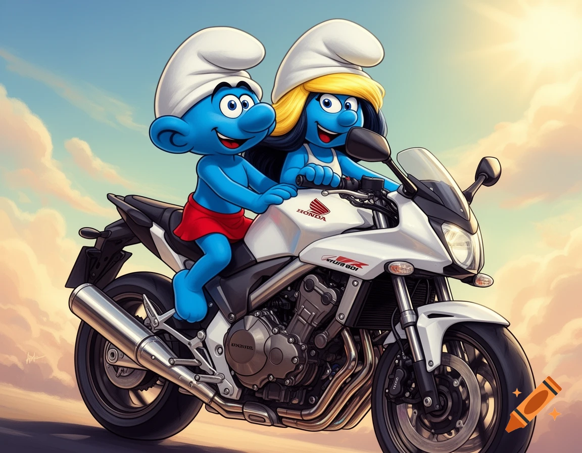 Smurf and Smurfette riding a white Honda motorcycle against a cloudy sky, in a vibrant cartoon illustration style.