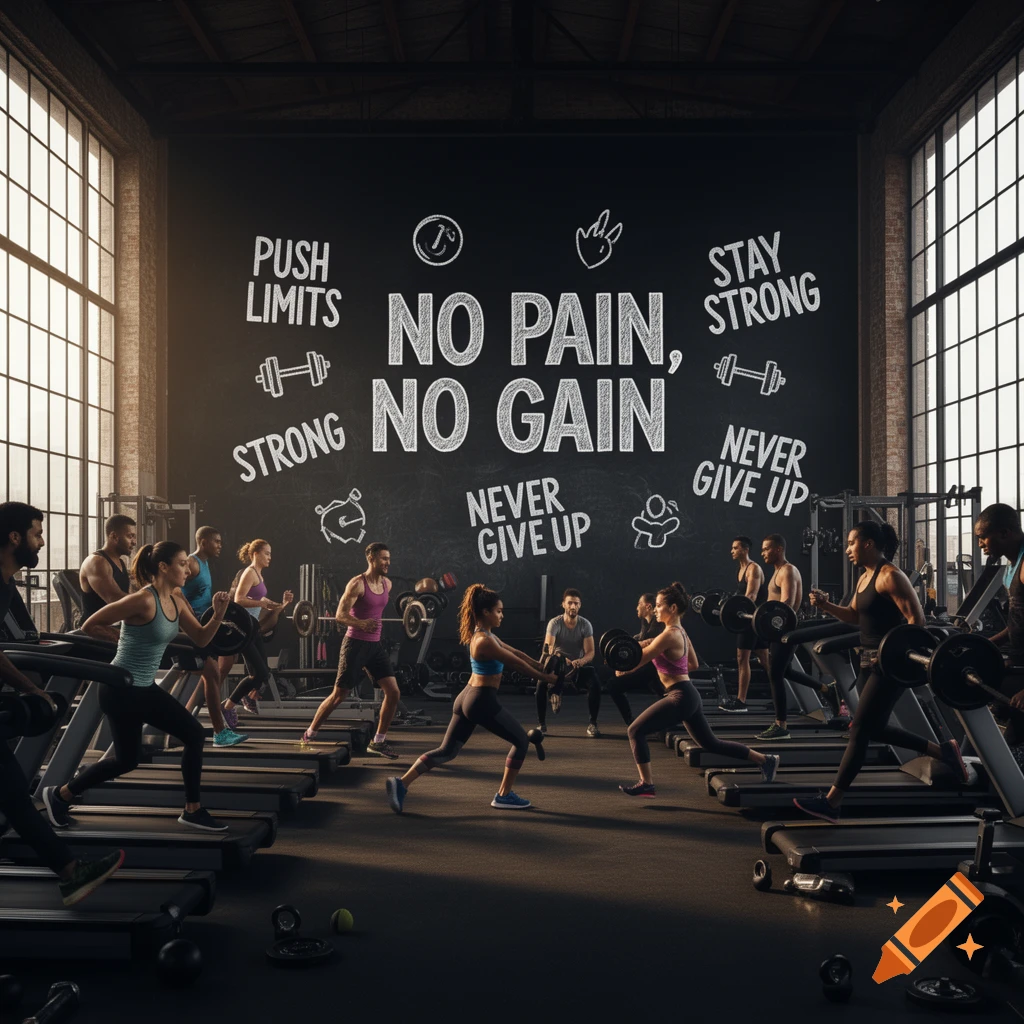 Diverse people exercise in a modern gym with large windows and a dark wall featuring "No Pain, No Gain" and other motivational quotes.