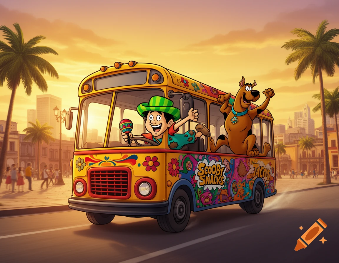 Cartoon El Chavo drives a colorful yellow bus with Scooby-Doo riding on its side, on a sunny street with palm trees and a city skyline.