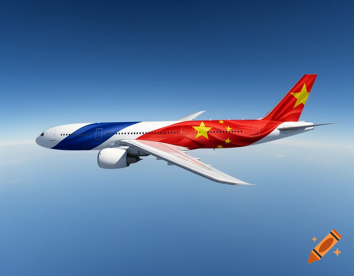 Hyper-realistic white airplane with French and Chinese flag liveries flying in a clear blue sky.