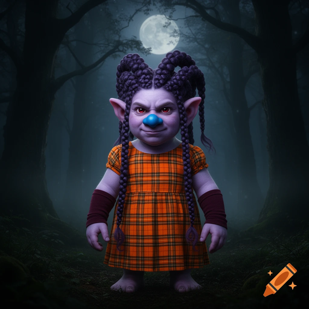 A purple-skinned troll with braided purple hair, a blue nose, and red eyes, wearing an orange plaid dress, stands in a dark, misty forest under a full moon.