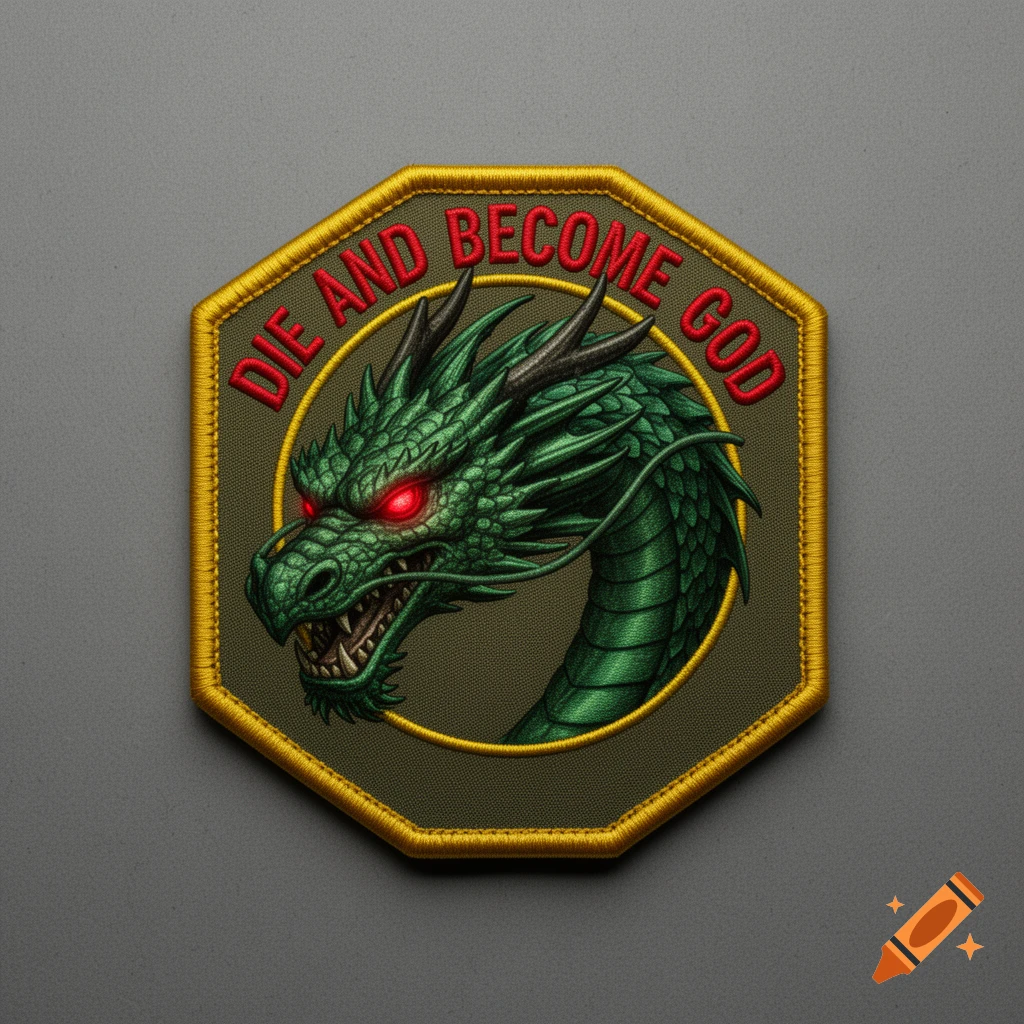 An embroidered military-style patch depicting a green dragon head with red eyes, encircled by the red text "DIE AND BECOME GOD".