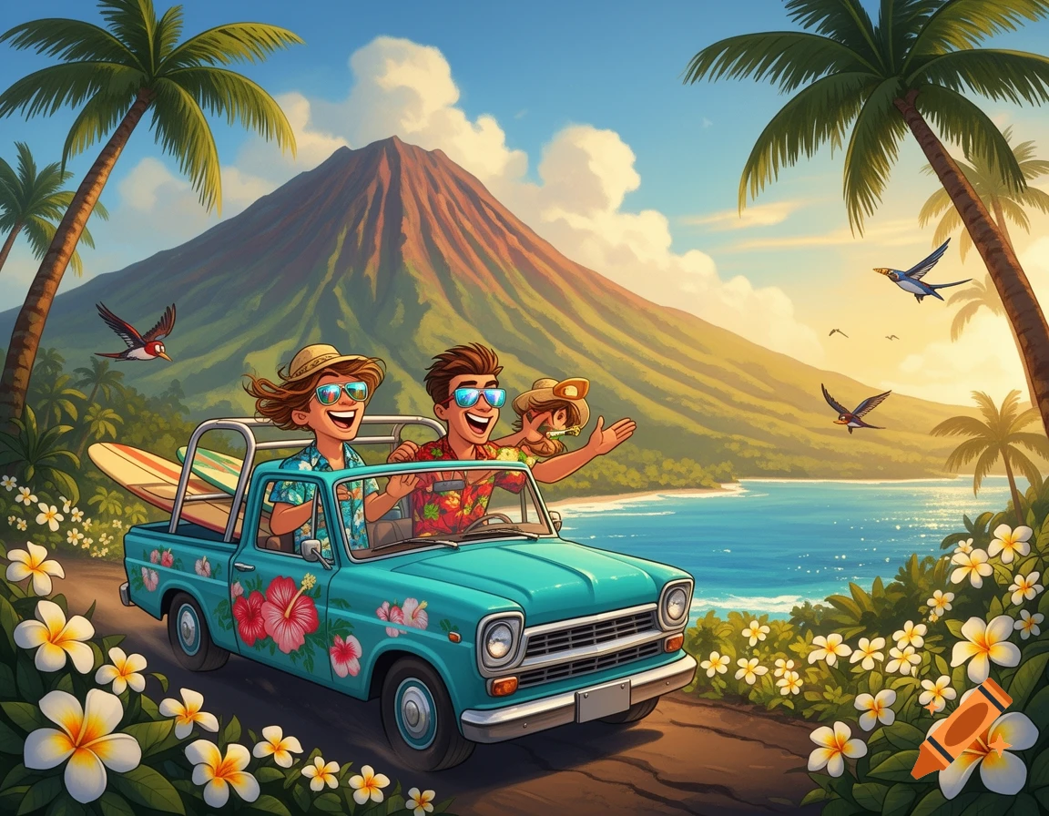 Animated cartoon of two smiling people in a blue pickup truck with a surfboard, driving on a tropical road past a volcano and ocean.