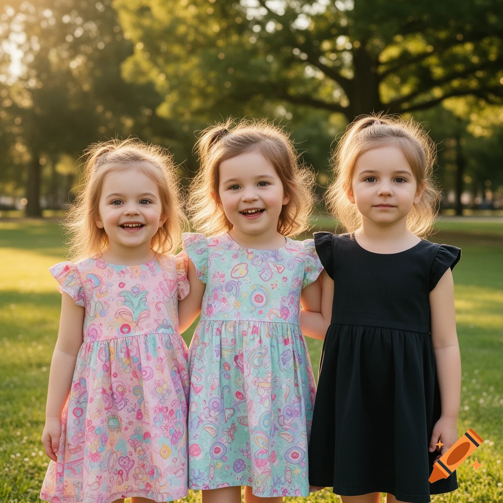 Three smiling young girls stand together in a sunny park, two in colorful patterned dresses and one in a black dress.