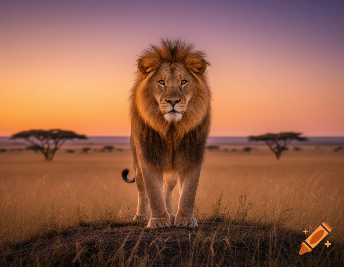 A majestic lion stands on a mound in a golden savanna at sunset, with acacia trees in the distance.