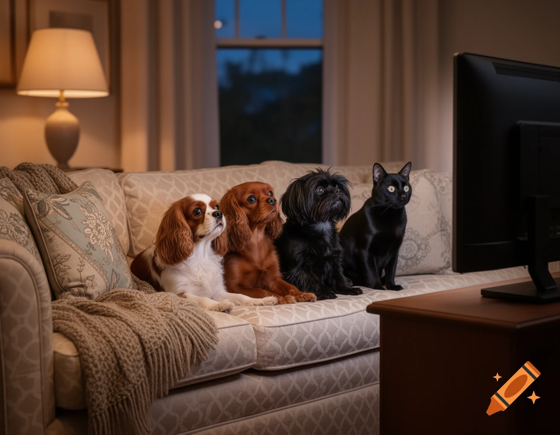 Two King Charles Spaniels, an Affenpinscher, and a black cat sitting on a couch, intently watching TV in a cozy living room, photorealistic.
