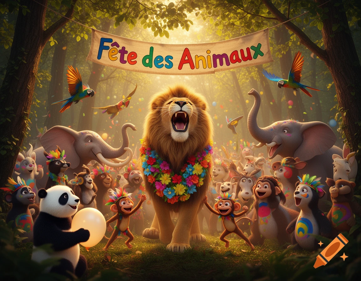 Whimsical cartoon animals, including a roaring lion, elephants, monkeys, and a panda, celebrate in a magical forest.