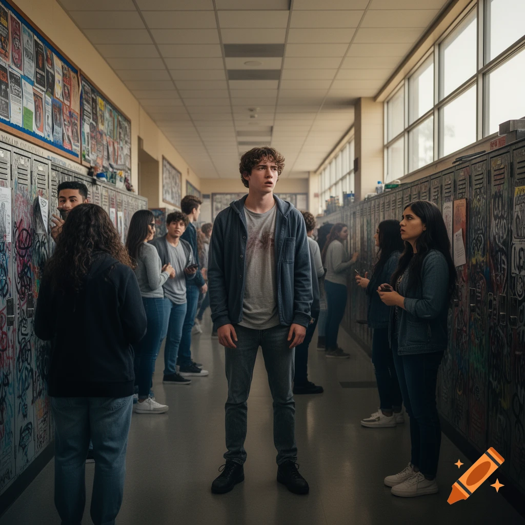 A diverse group of teenagers stand in a school hallway, some looking concerned, in a photorealistic style. The central male figure has stains on his shirt.