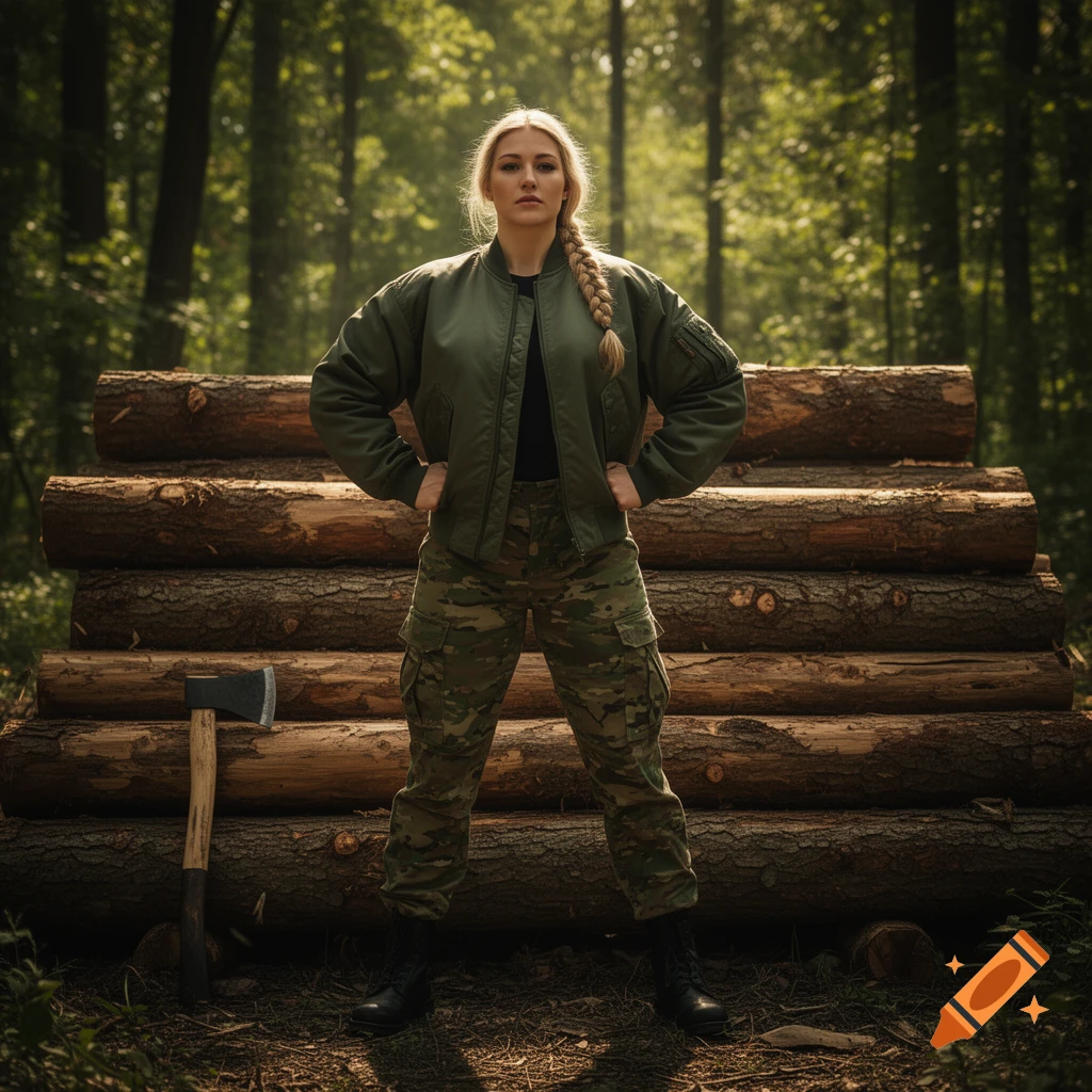 A blonde woman in a green bomber jacket and camouflage pants stands with hands on hips in front of a stack of logs in a forest, an axe leans against the logs.