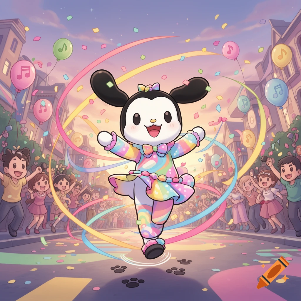 A cute cartoon dog-like character in a rainbow outfit dances joyfully in a vibrant street parade with confetti, musical note balloons, and cheering crowds.