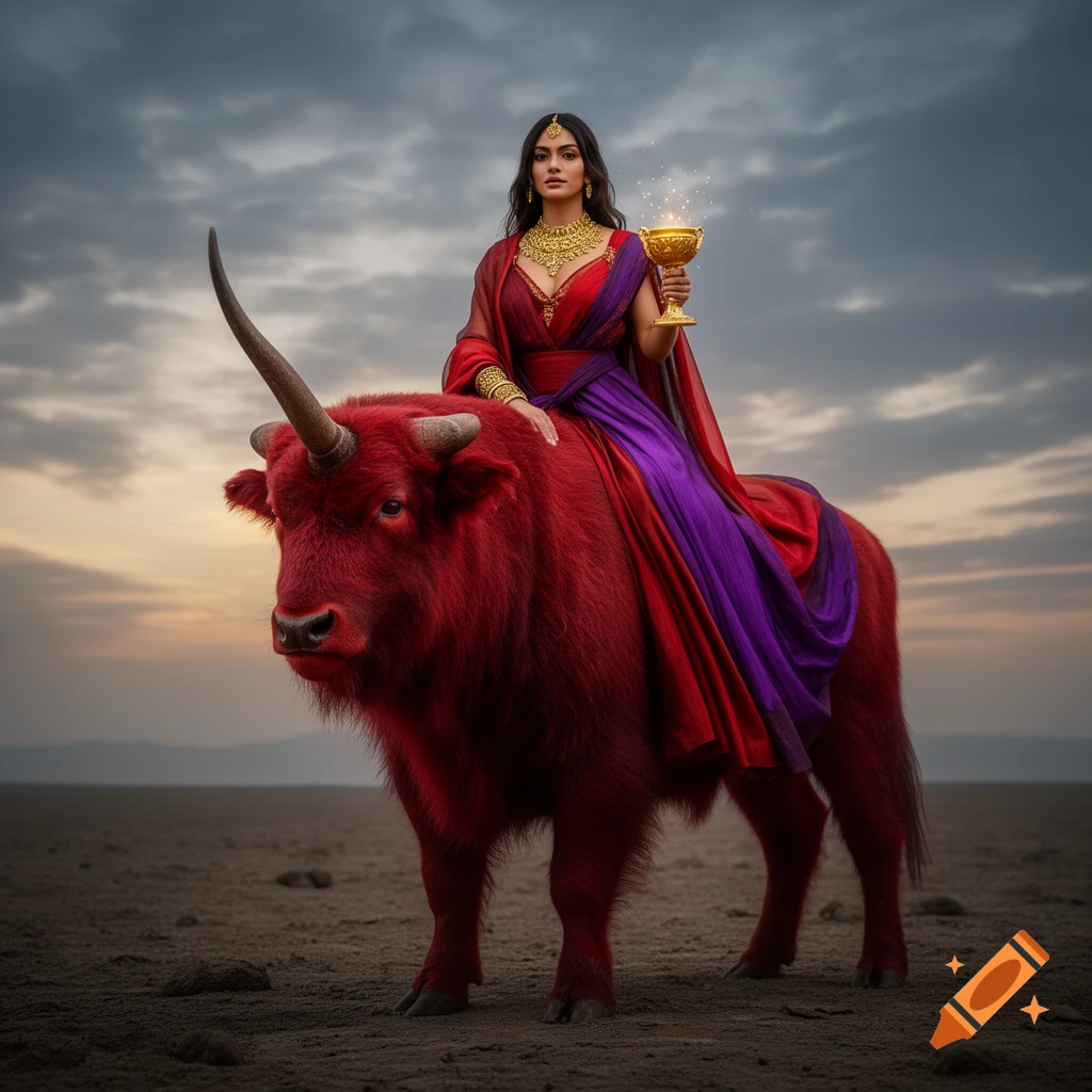 A woman in a red and purple dress with gold jewelry sits on a large, red, one-horned beast, holding a glowing golden cup in a barren landscape.