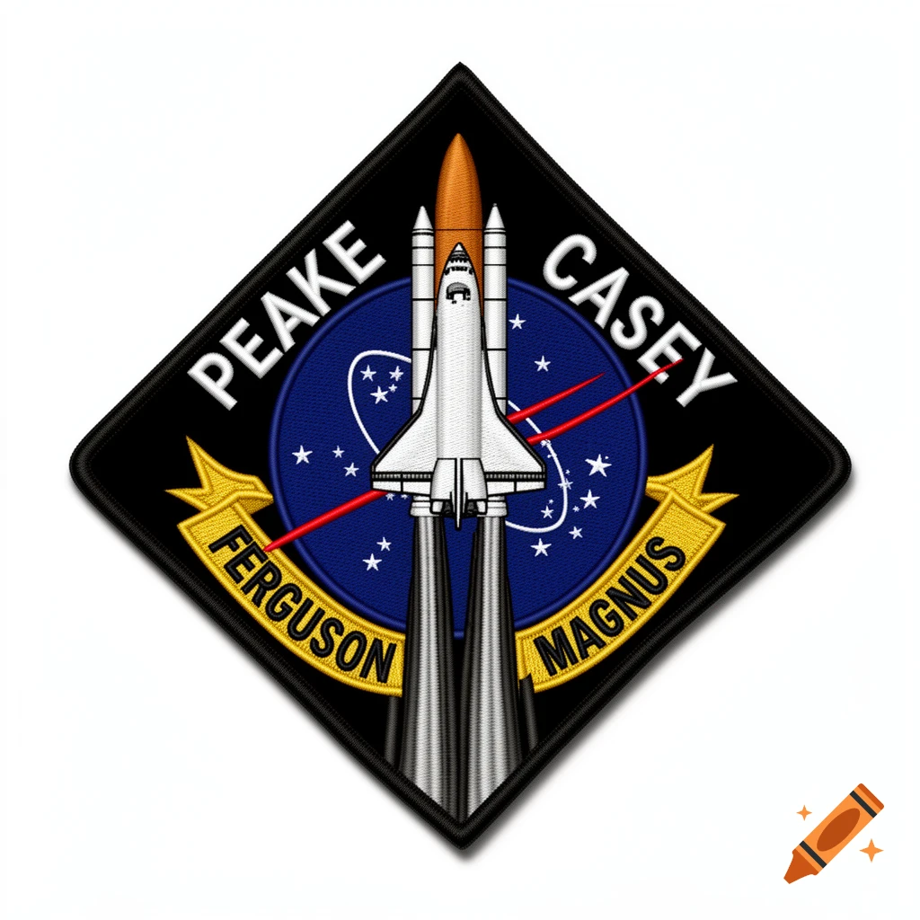 Diamond-shaped NASA space shuttle mission patch featuring a white shuttle launching over a blue star field, with names 'PEAKE', 'CASEY', 'FERGUSON', 'MAGNUS'.