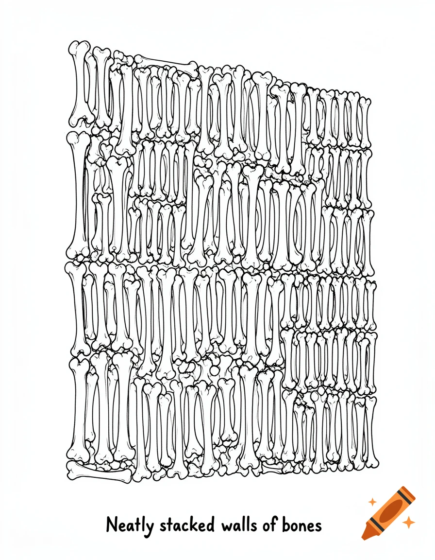 Black and white line art sketch of neatly stacked bones forming a wall. Text reads 'Neatly stacked walls of bones'.