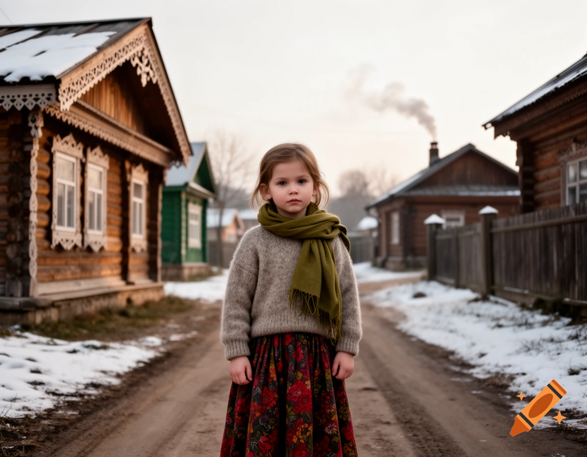 Photorealistic image of a young girl in a sweater, green scarf, and floral skirt, standing on a snowy dirt road in a Russian village.