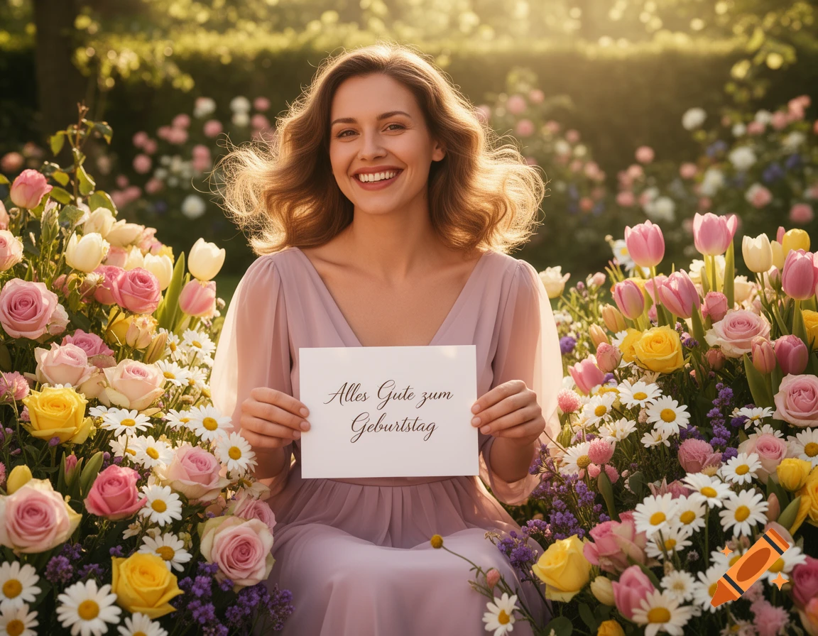 A smiling woman in a field of colorful flowers holds a card reading 'Alles Gute zum Geburtstag'.