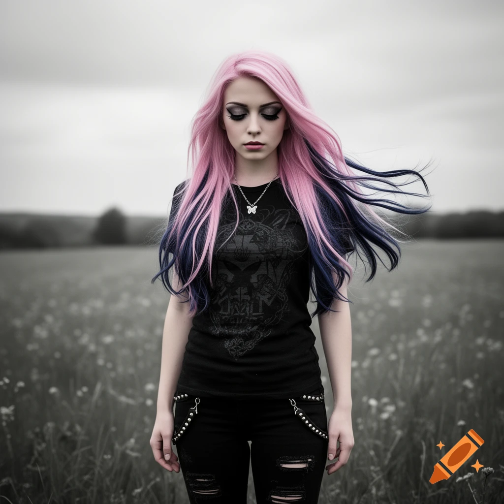 A photorealistic portrait of an emo-gothic woman with flowing pink and dark blue hair, wearing a black t-shirt and ripped jeans, standing in a desaturated field under a cloudy sky.