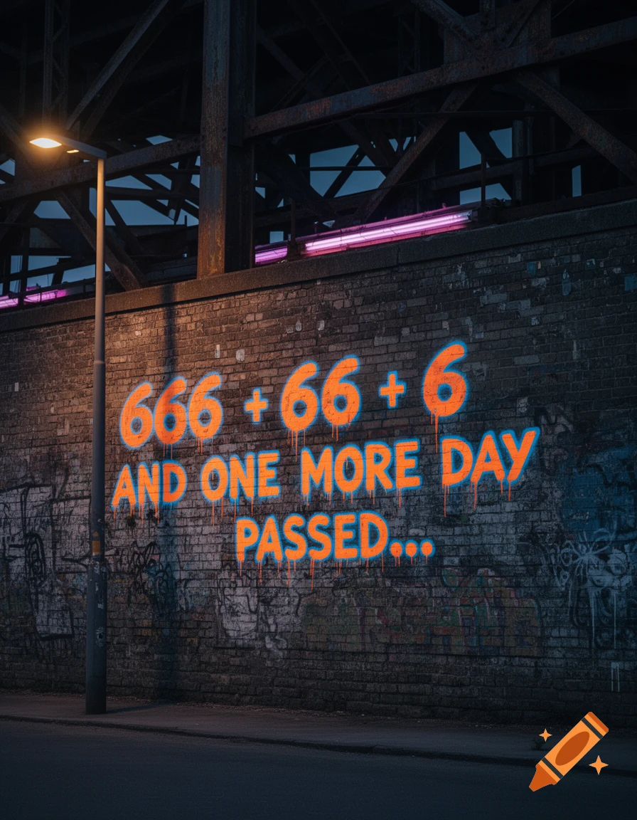 Photorealistic image of orange and blue graffiti on a brick wall at night under a bridge, reading "666 + 66 + 6 AND ONE MORE DAY PASSED...". A streetlamp illuminates the scene.