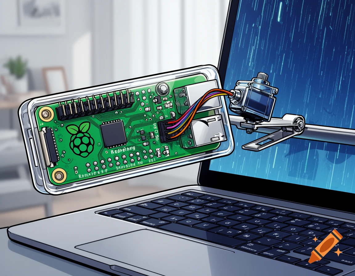 A comic-style illustration shows a Raspberry Pi with a servo motor clamped to a laptop, positioned to press a keyboard key.
