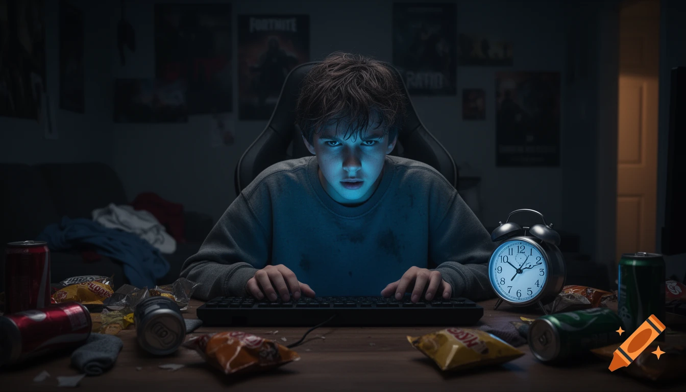 A young boy with a tired expression, illuminated by a blue screen glow, plays a game at a keyboard in a dark, messy room filled with snack wrappers and cans. An alarm clock is on the desk.