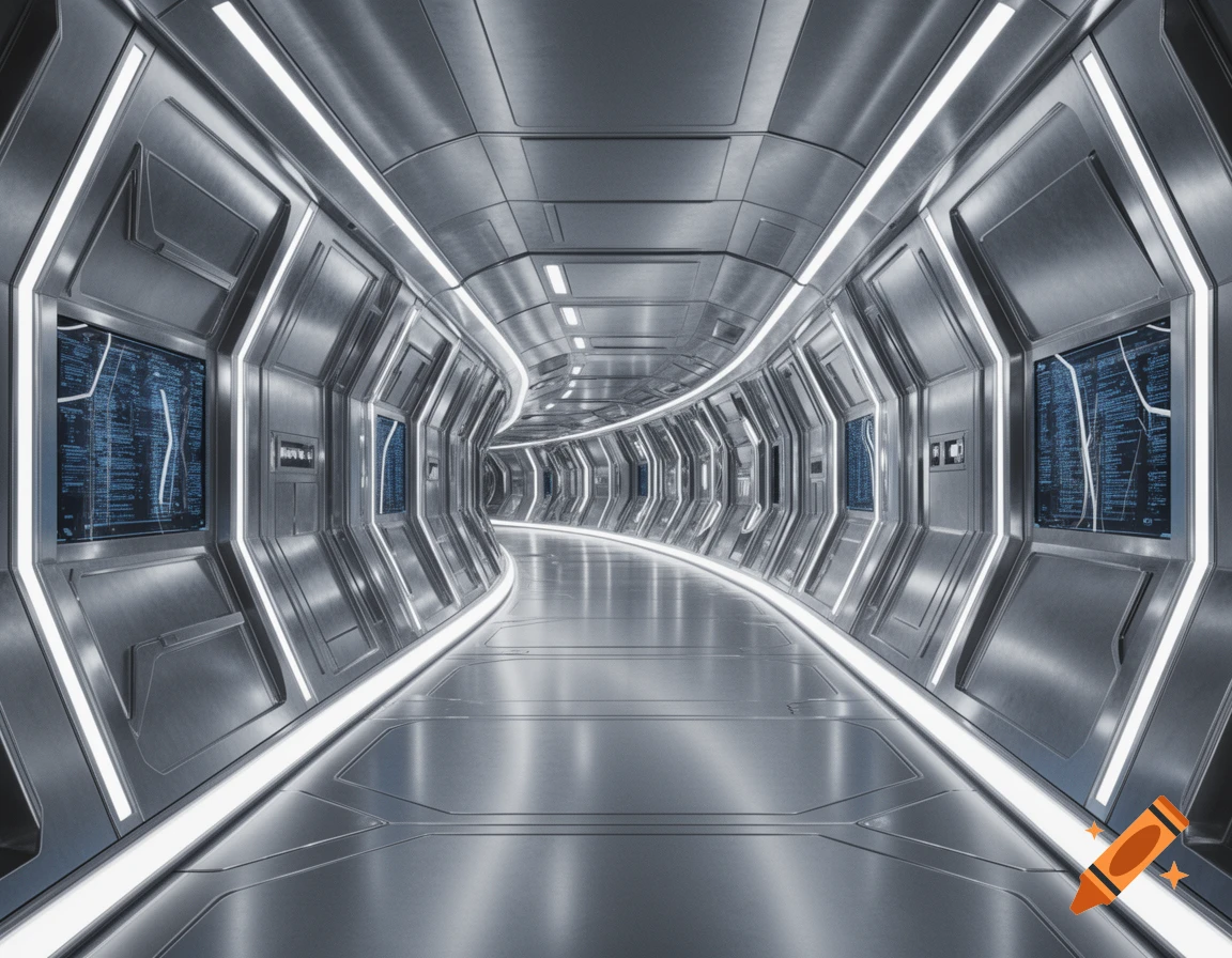 A sleek, metallic, futuristic sci-fi spaceship corridor with illuminated panels and blue data screens on the walls.