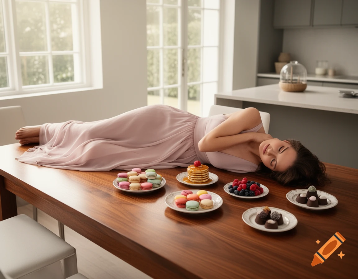 A woman in a pink dress lies on a wooden table surrounded by plates of colorful macarons, pancakes, berries, and chocolates.