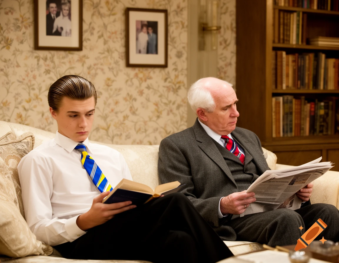 A young man with slicked hair reads a book on a sofa while an older man with white hair reads a newspaper beside him in a cozy living room.