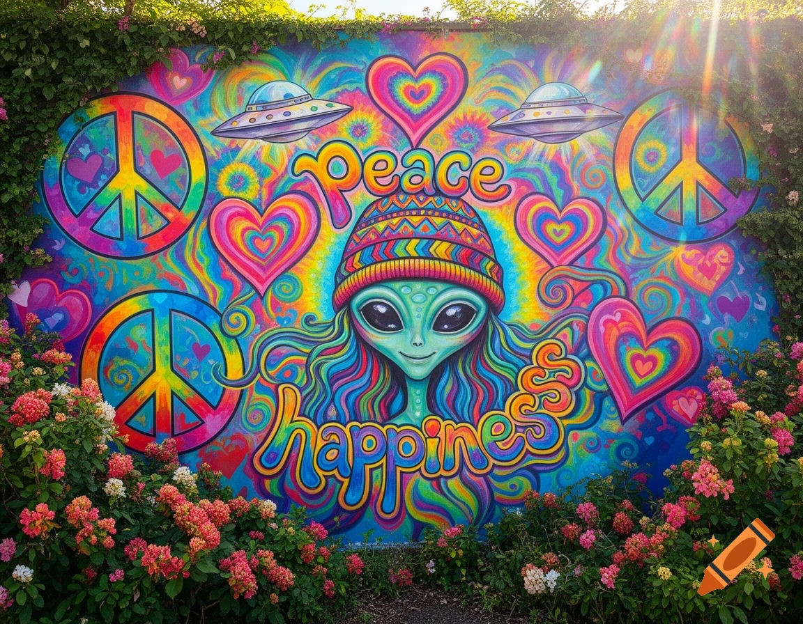 A vibrant, psychedelic mural with a friendly alien in a beanie, colorful peace signs, hearts, and UFOs, surrounded by flowers.