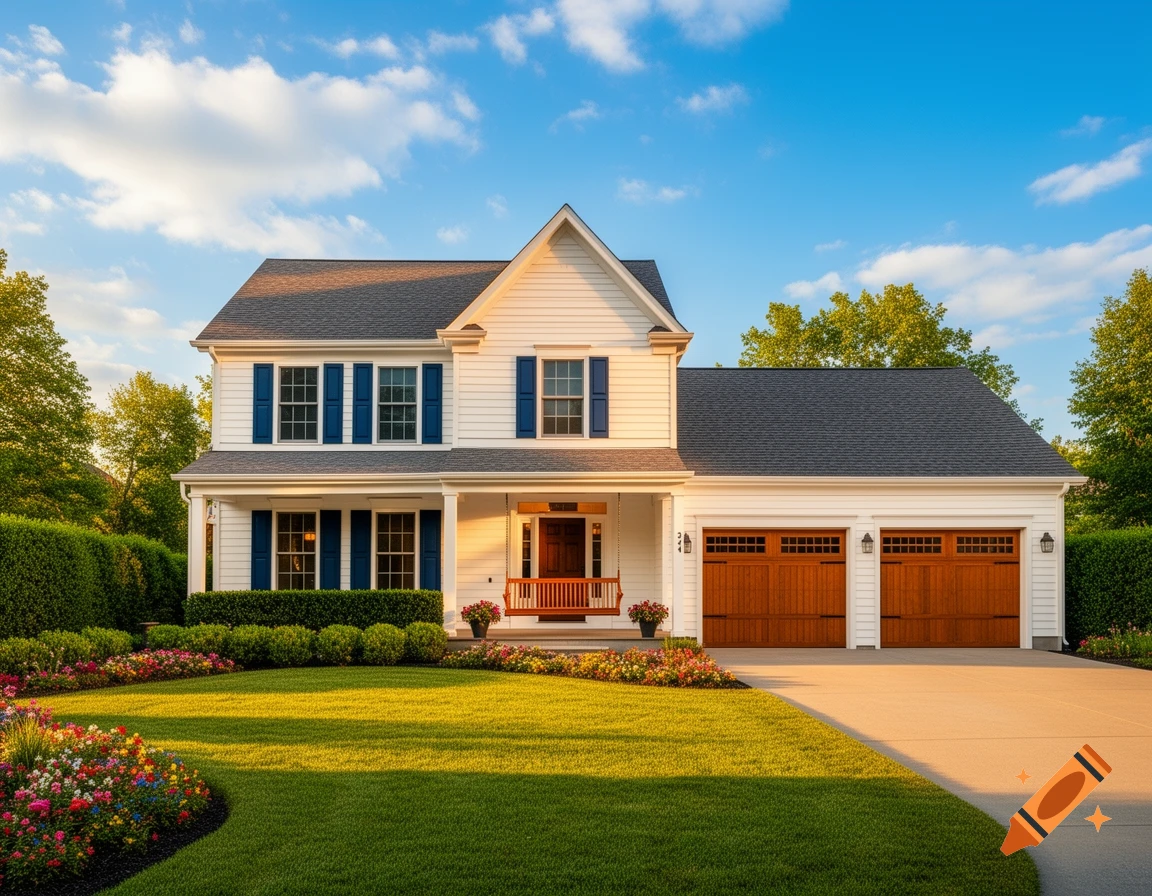 A white two-story house with blue shutters, a porch swing, and a two-car garage, surrounded by a lush green lawn and colorful flower beds.