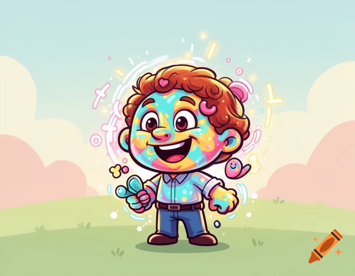 A colorful, happy cartoon character with an abstract, rainbow-patterned face and curly brown hair stands in a grassy field.