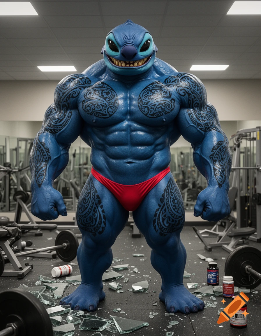 Photorealistic image of a massively muscled, tattooed Stitch in a red posing thong, standing in a broken gym.