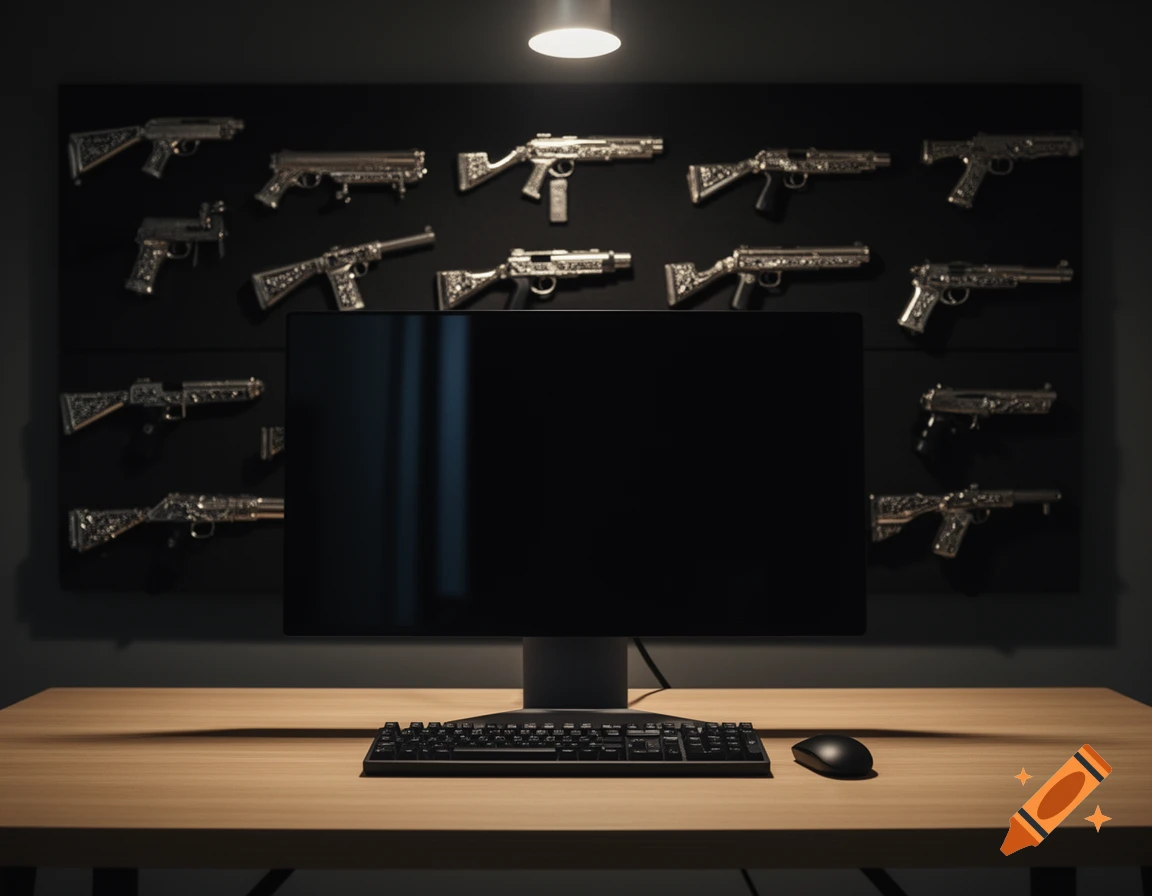 A computer desk with a black monitor, keyboard, and mouse, set against a dark wall adorned with a display of ornate silver firearms.