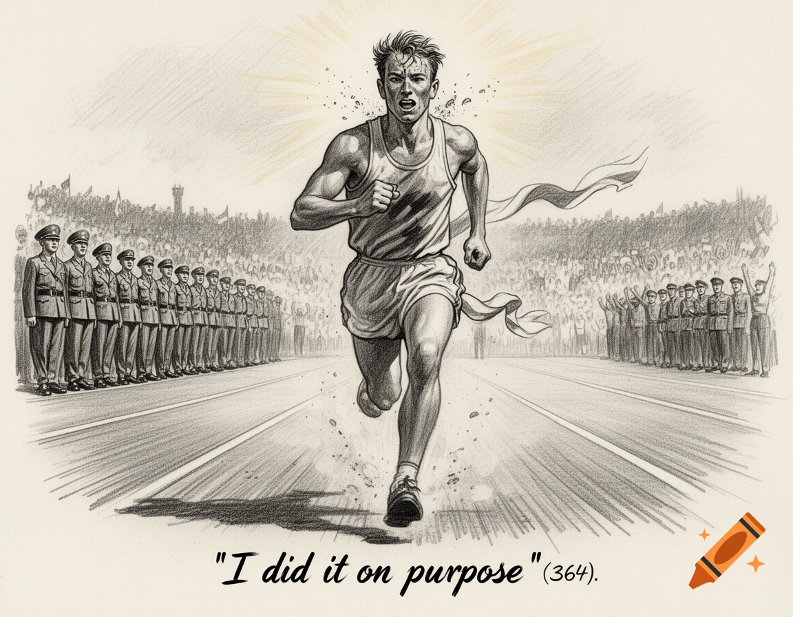 Sketch drawing of a male runner bursting across a finish line, with rows of soldiers and a crowd in the background. Text: "I did it on purpose" (364).
