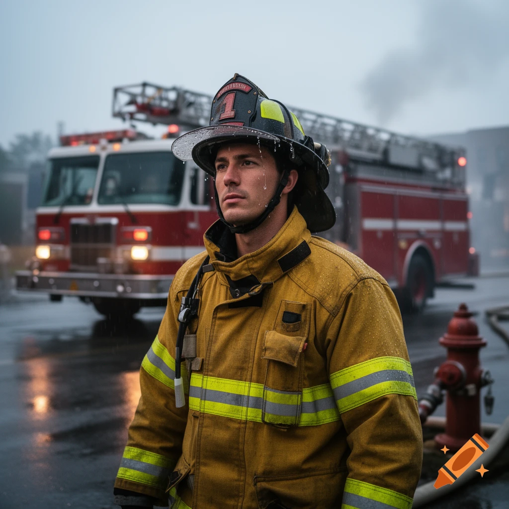A determined firefighter in a yellow rain-soaked uniform stands in front of a red fire truck on a rainy day.