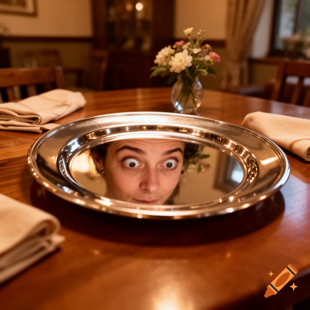 Close-up of a woman's wide-eyed face reflected in a shiny silver platter on a wooden dining table.