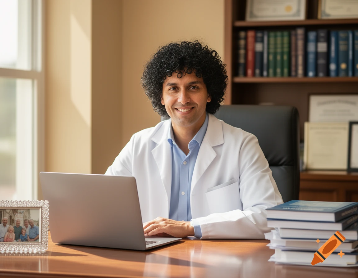 A smiling male doctor with curly hair in a white lab coat sits at a desk with a laptop and books in an office.