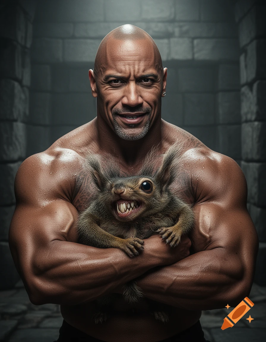 Photorealistic image of Dwayne 'The Rock' Johnson, shirtless and muscular, cradling a small, snarling, demented squirrel.