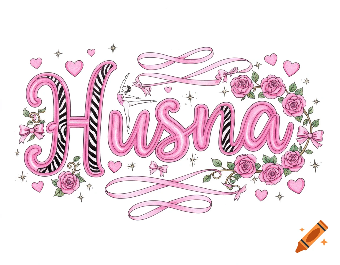Cute pink bubble letter name 'Husna' with zebra stripes, surrounded by roses, hearts, ribbons, sparkles, and a tiny gymnast.