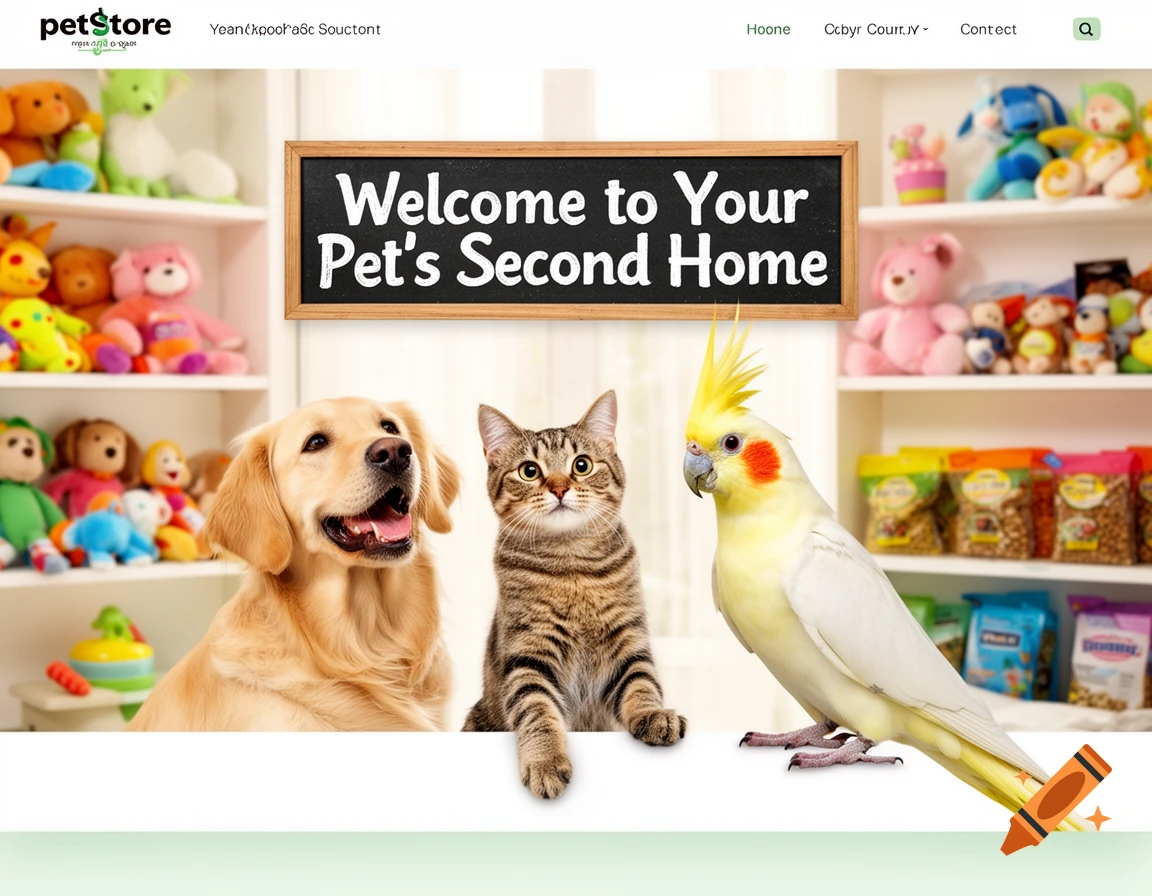 A golden retriever, tabby cat, and cockatiel sit in front of a pet store shelf. A sign reads "Welcome to Your Pet's Second Home".