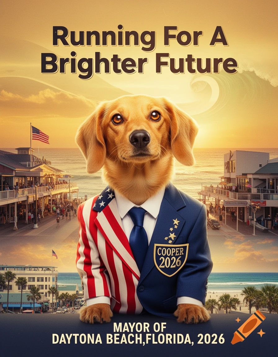 Photorealistic political poster of a golden dog in an American flag suit, running for mayor of Daytona Beach in 2026.