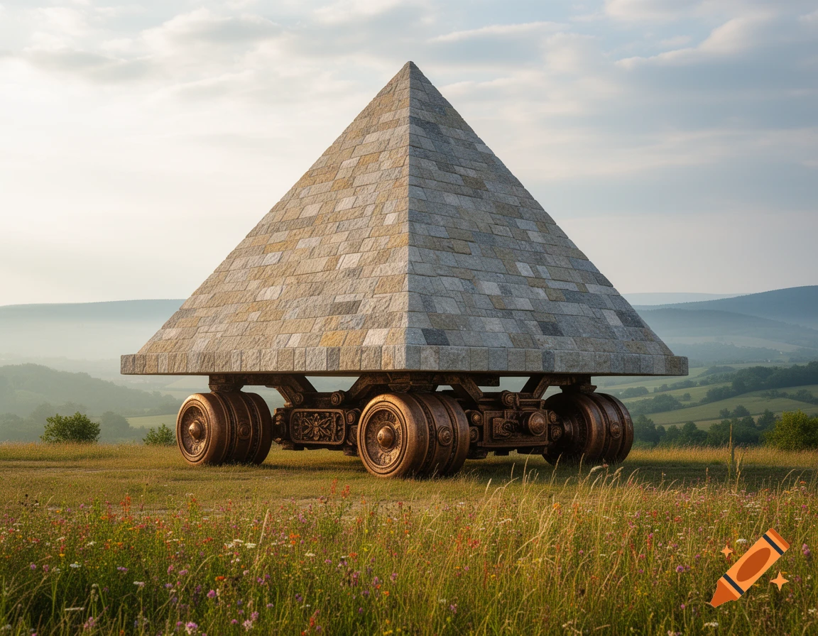A stone pyramid with large ornate bronze wheels stands in a wildflower meadow under a cloudy sky.