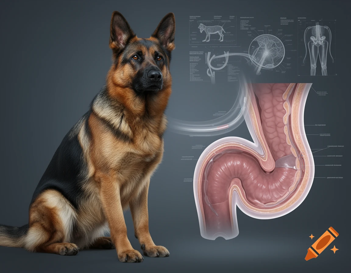 A male German Shepherd sits next to a large, clear diagram showing the internal anatomy of a digestive tract, with smaller medical diagrams in the background.