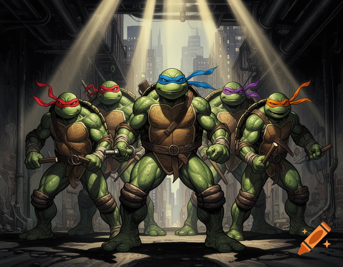 Five Teenage Mutant Ninja Turtles pose dramatically in a dark city alley in a comic book illustration.
