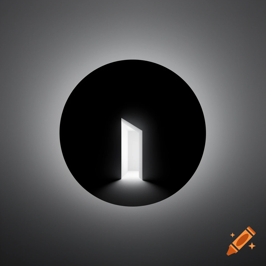 A minimalist image of a brightly lit white doorway within a black circle on a dark gray background.