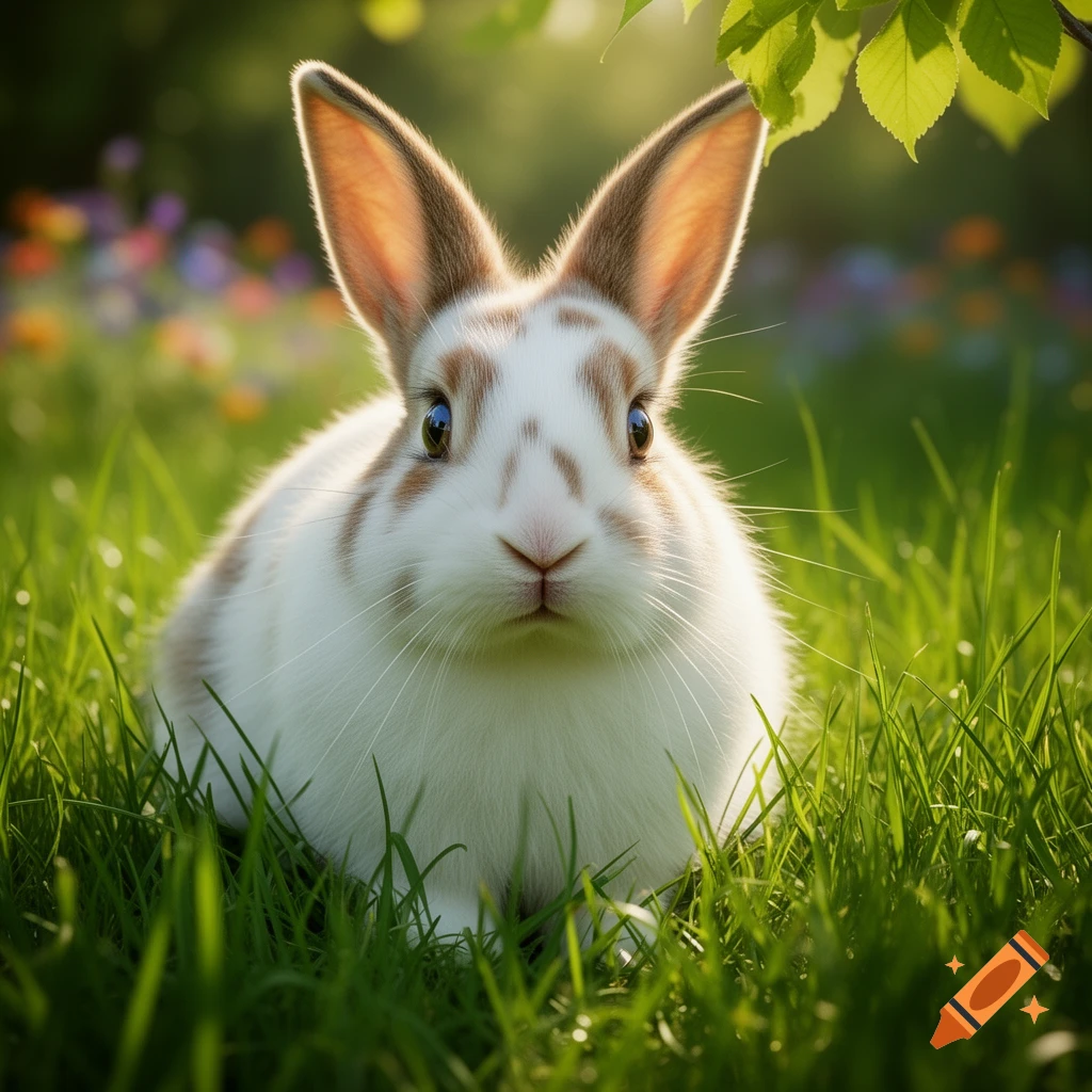 A fluffy white and brown bunny sits in vibrant green grass, looking directly ahead, with blurred colorful flowers and leaves in the background.