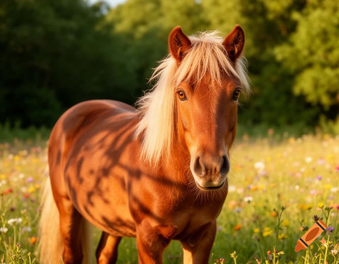 A brown horse with a blonde mane and tail stands in a field of colorful wildflowers, illuminated by warm sunlight.