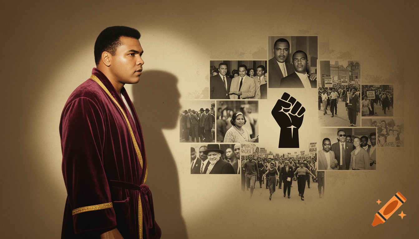 Muhammad Ali in a maroon robe beside a collage of black and white photos from the Civil Rights movement, including protests and a black power fist.