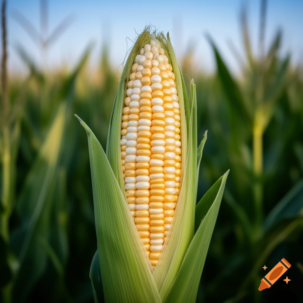 A close-up of a partially husked ear of bi-color corn in a lush green field under a clear blue sky, photorealistic.