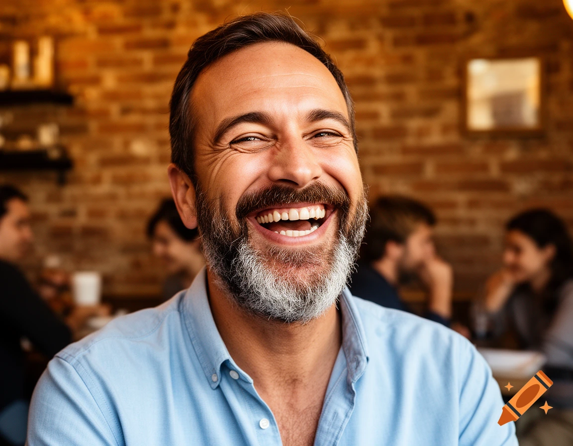Close-up of a smiling man with a beard, wearing a light blue shirt, in a bustling cafe.